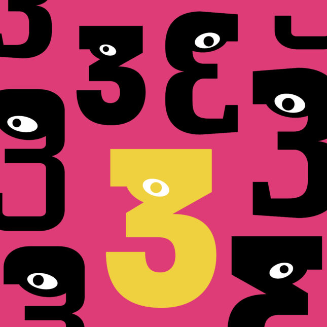 A yellow number 3 with an eye is surrounded by smaller, black number 3s on a pink background — 3 to watch coverage from STAT