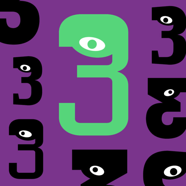 A green number 3 with an eye is surrounded by smaller, black number 3s on a purple background — 3 to watch coverage from STAT