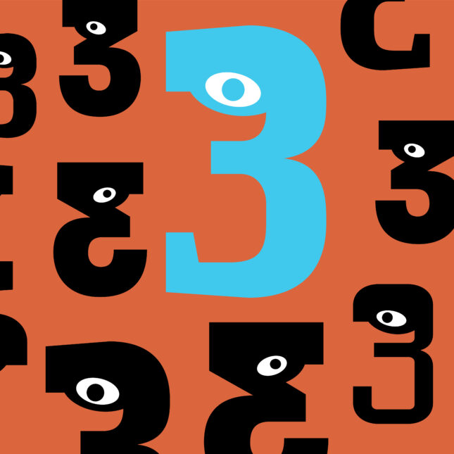 An light blue number 3 with an eye is surrounded by smaller, black number 3s on an orange background — 3 to watch coverage from STAT