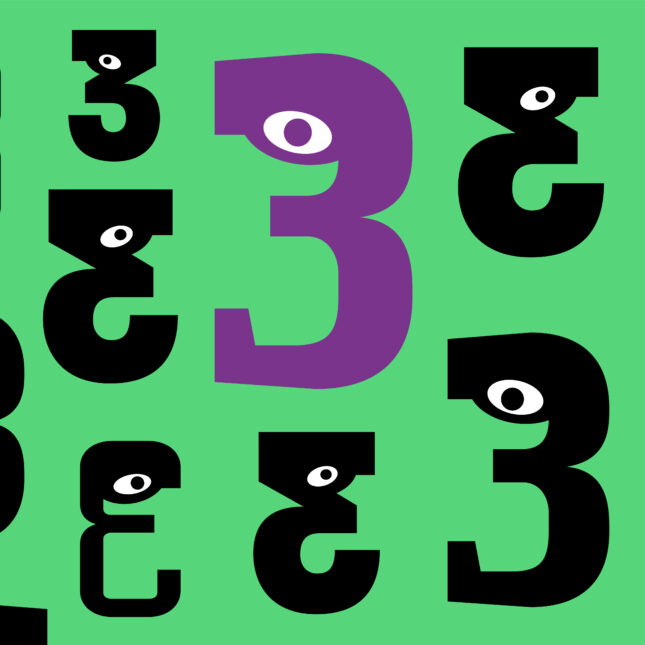 A purple number 3 with an eye is surrounded by smaller, black number 3s on a green background — 3 to watch coverage from STAT