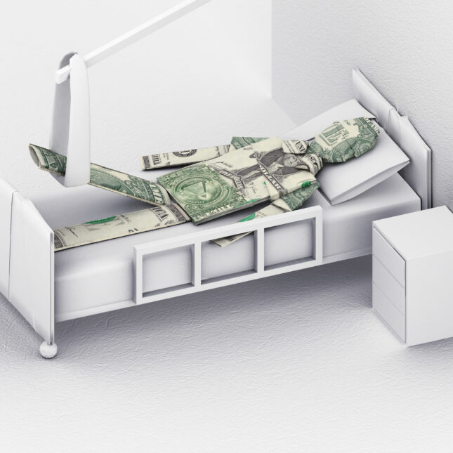 Illustration of a patient made of money in a hospital bed.