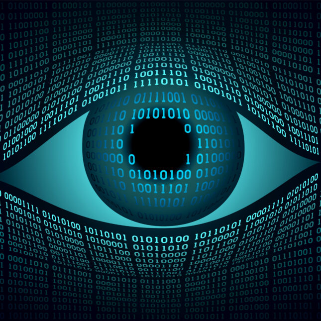 An eye emerges from lines of binary codes — health tech coverage from STAT