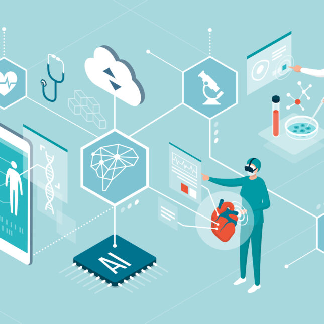 Illustration of doctors and researchers using innovative technologies for medicine and healthcare with artificial intelligence. -- health tech coverage from STAT
