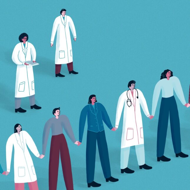 Illustration of three doctors standing behind a line other doctors, patients, and scientists. -- first opinion coverage from STAT