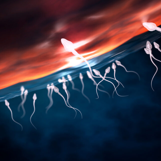 More than a dozen of transparent/white sperm cells swim towards a red egg cell — coverage from STAT