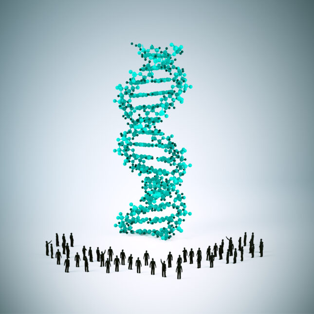 More than a dozen of tiny people stand in front of a giant teal DNA strand — in the lab coverage from STAT