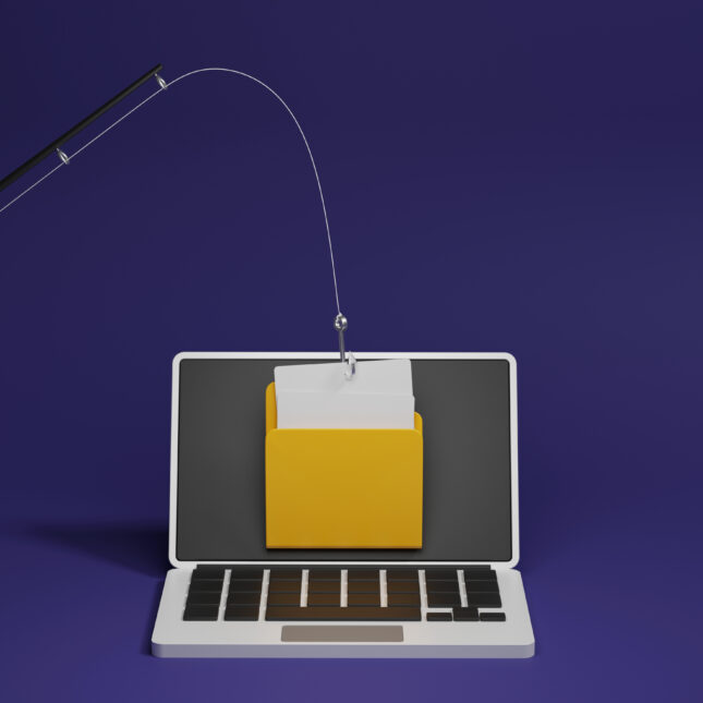 Against a purple background, a rod with a hook steals documents from a folder displayed on a laptop screen — coverage from STAT