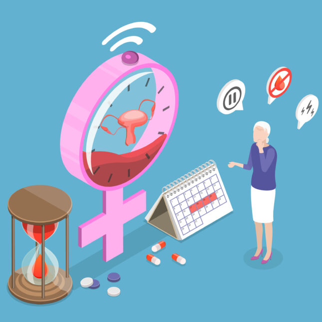 A women with grey hairs stands in front of a women symbol statue dabbled as a clock, a calendar, an hourglass and some pills — health coverage from STAT