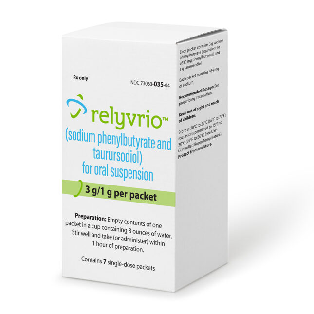 This image provided by Amylyx Pharmaceuticals shows the drug Relyvrio. The maker of a much-debated drug for Lou Gehrig’s disease said Friday, March 8, 2024 its therapy failed to help patients in a large follow-up study, but stopped short of committing to follow through on a prior pledge to pull the drug from the U.S. market.