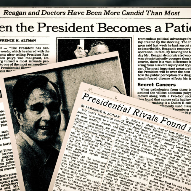 Photo illustration of newspaper clips written by Lawrence K Altman about presidents' health – opinion coverage from STAT