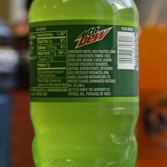Mountain Dew label with ingredients listed out, one being brominated vegetable oil. --