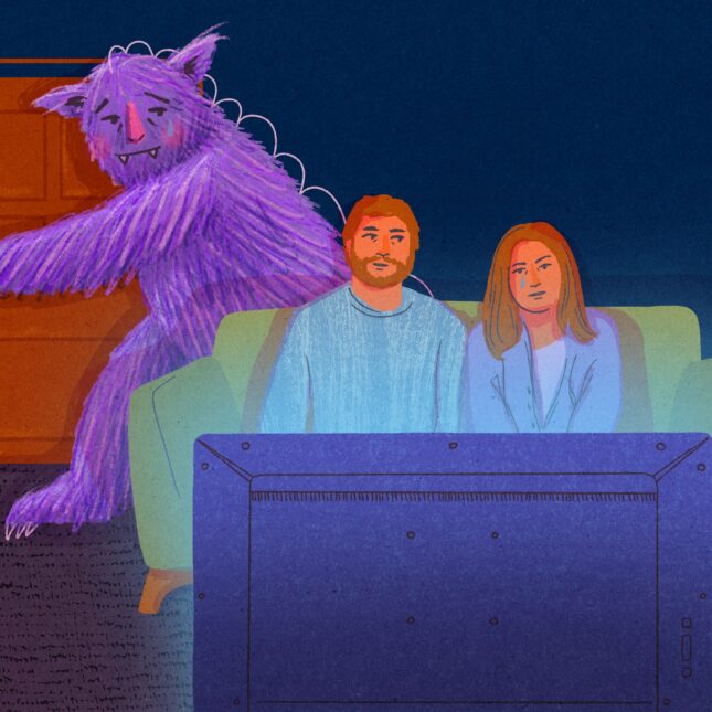 Two people watch TV while a purple monster lurks in the background.