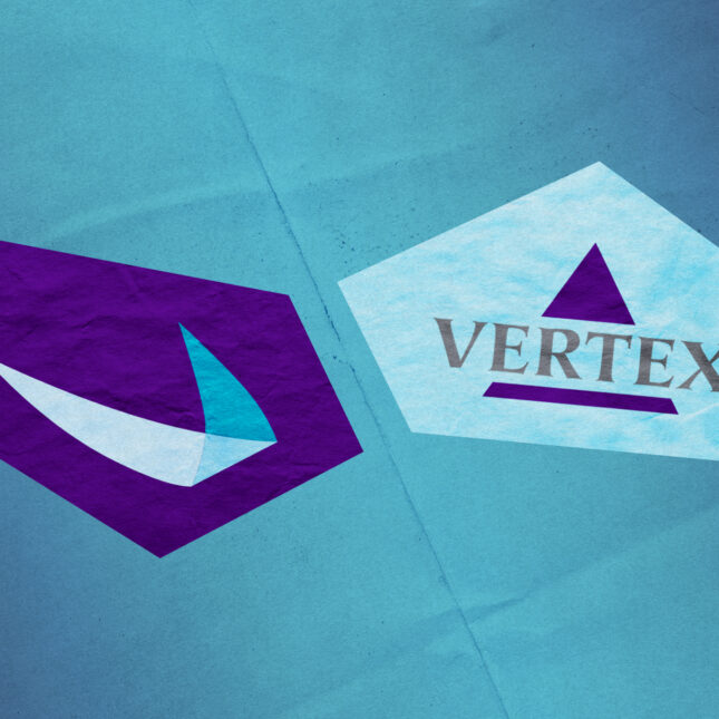 The logo of bluebird bio on a purple textured paper next to the logo of Vertex Pharmaceuticals on a blue textured paper — biotech coverage from STAT