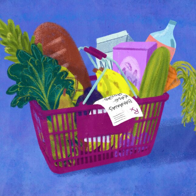 Illustration of basket of food with prescription pad