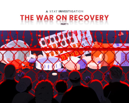 Illustration of a crowd standing before a chain link fence with barbed wire, beyond the fence are oversized bottles, cups, and packages of the addiction medications buprenorphine and methadone. – opioid addiction coverage from STAT