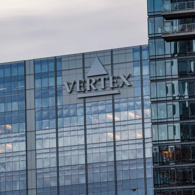 The headquarter of US biopharmaceutical company Vertex Pharmaceuticals with its logo sign— coverage from STAT
