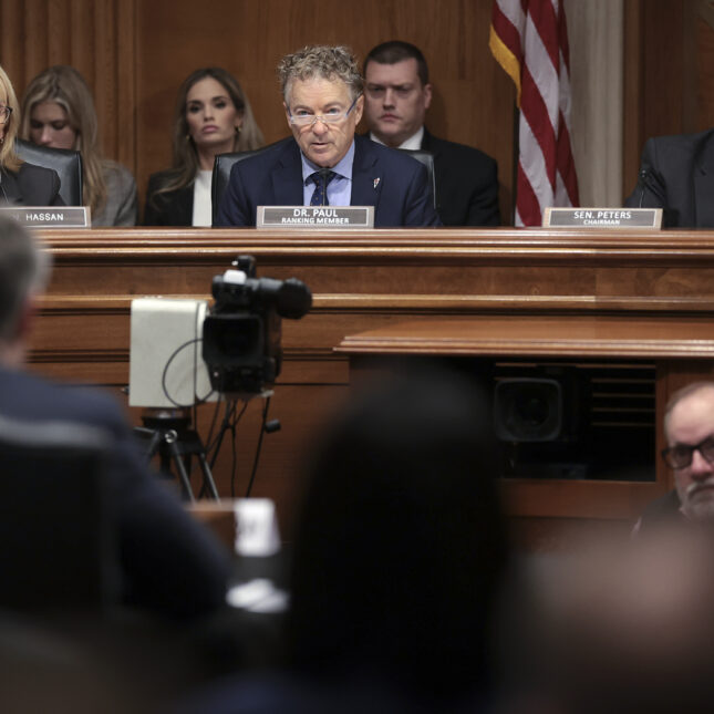 Sen. Rand Paul (C) (R-KY) questions Homeland Security Secretary Alejandro Mayorkas and FBI Director Christopher Wray during a hearing held by the Senate Homeland Security and Governmental Affairs Committee October 31, 2023 in Washington, DC.