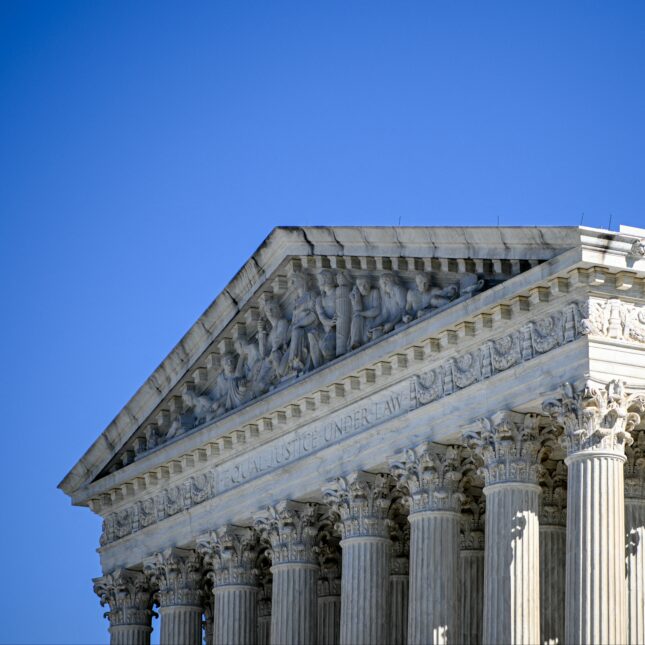 The US Supreme Court is seen in Washington, DC, against a blue sky. -- health policy coverage from STAT