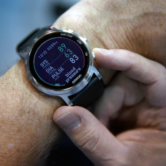 A heart monitoring watch, referred as Project Zero 2.0 is displayed in the Omron Healthcare booth during a press event – health tech coverage from STAT
