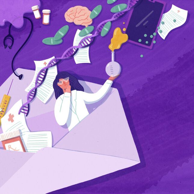 Illustration of a large open envelope with many symbols of healthcare and science pouring out, on a purple background
