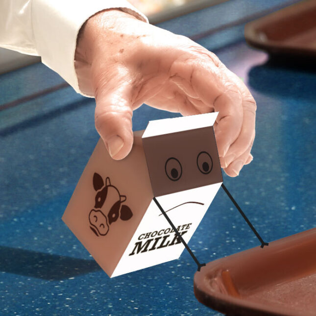 Photo illustration of an anthropomorphic chocolate milk carton holding on to a lunch tray while being pulled away