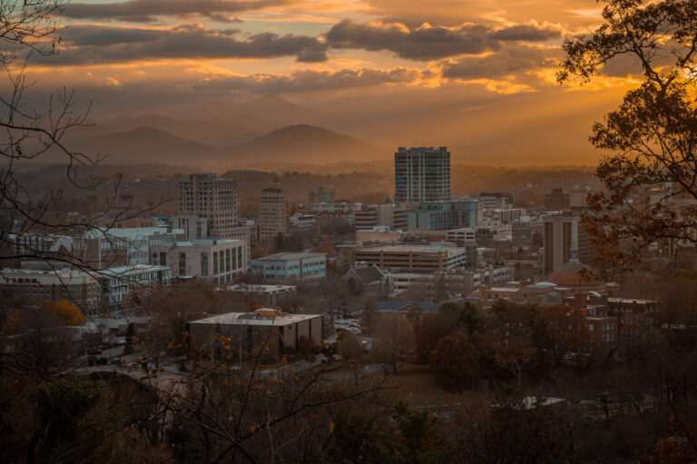 landscape shot of mission hospital at sunset in Asheville, NC