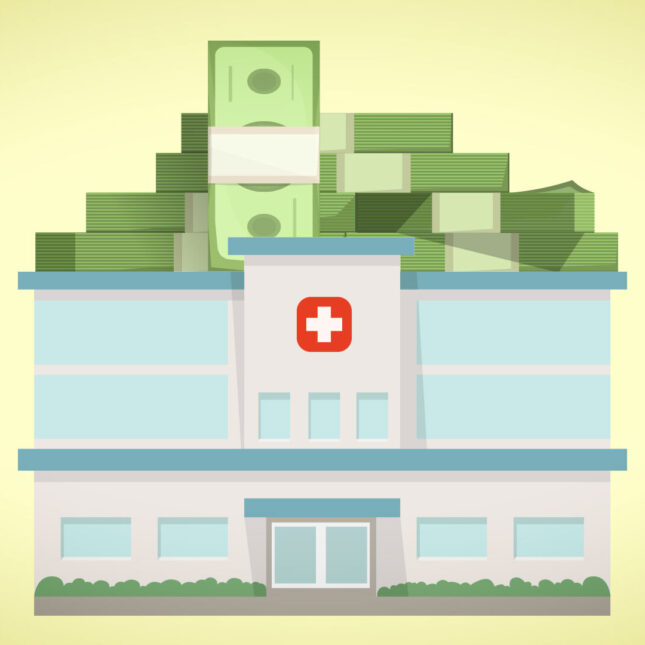 Illustration of a hospital with stacks of dollar bills on top – private equity coverage from STAT