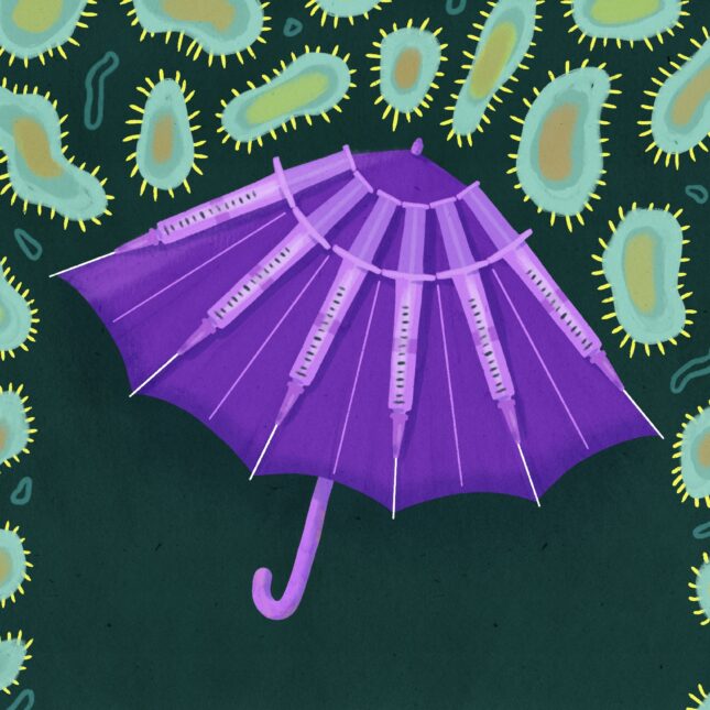 Illustration of a purple umbrella with vaccines on it, surrounded by germs and virus particles. -- infectious disease reporting from STAT