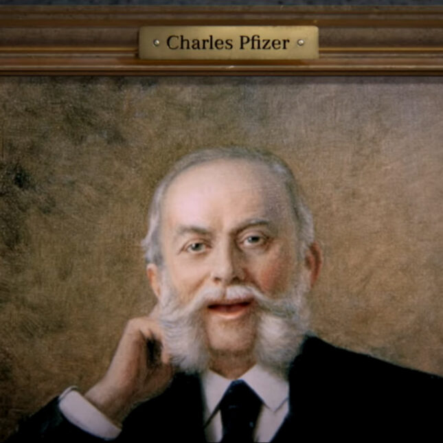 Still image from a Pfizer superbowl ad featuring a painted portrait of Charles Pfizer singing