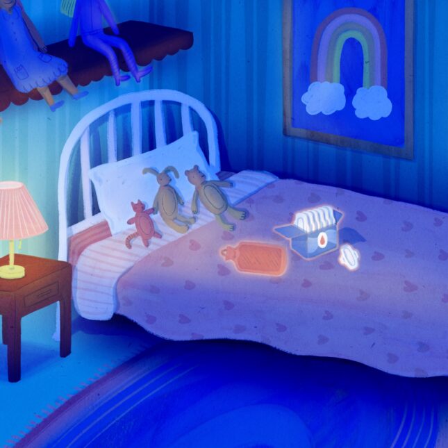 Illustration of a child's room with a rainbow and ballerina painting adorning the walls. Along with teddy bears on the bed, you see a box of menstrual pads and a warm water bottle. -- health coverage from STAT