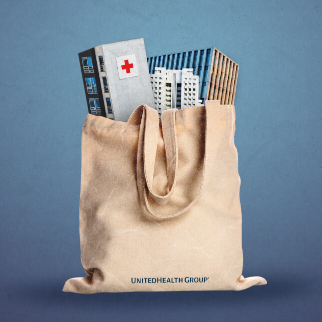 Illustration of a shopping bag stuffed with medical buildings