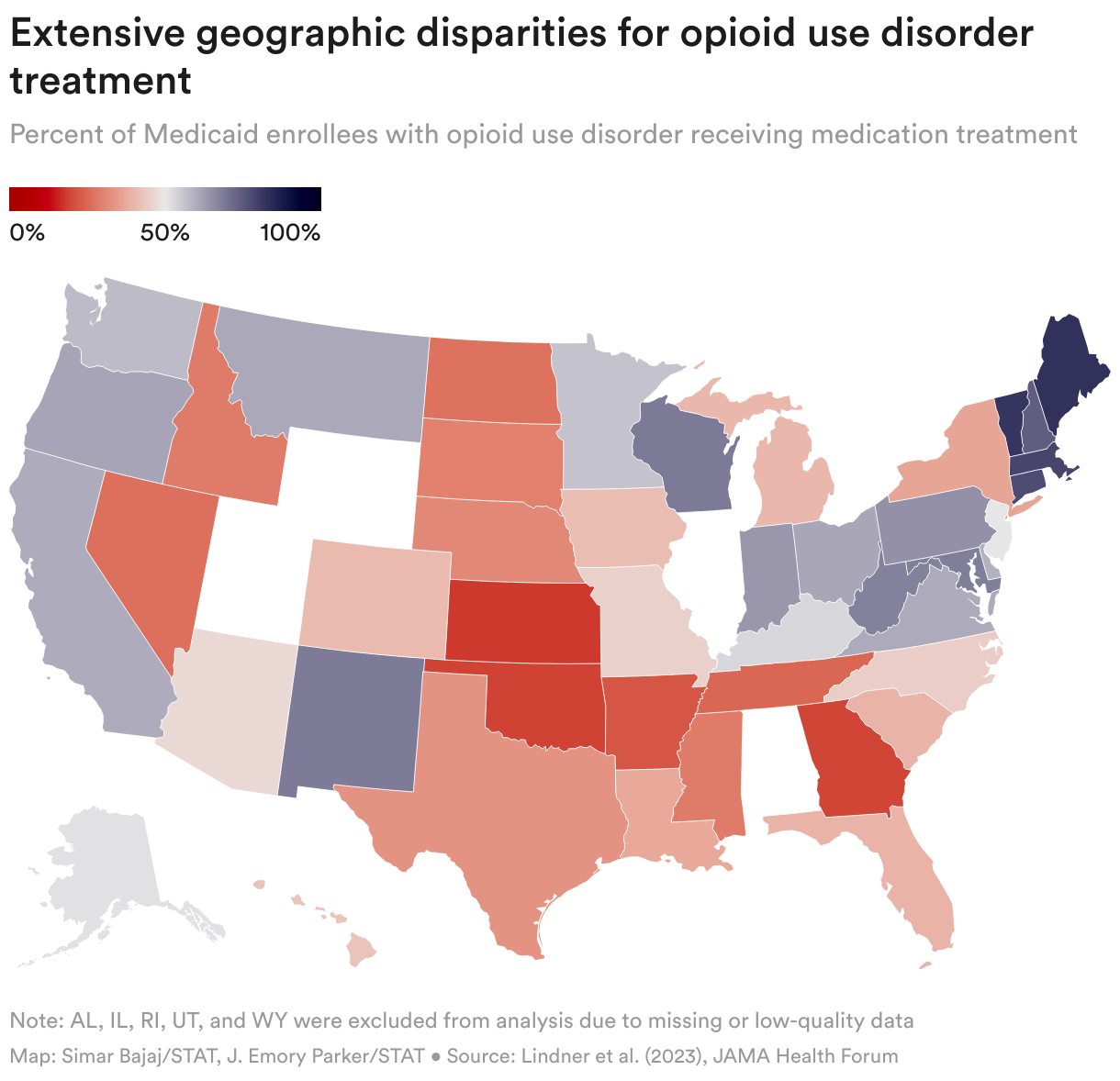 Map of the United States showing what percentage of people with opioid use disorder receive medication treatment. There are wide disparities across the nation. New England and the Upper Midwest have the highest percentage. The Plains and the south have the lowest percentage. Alabama, Illinois, Rhode Island, Utah, and Wyoming are not shaded due to missing data.